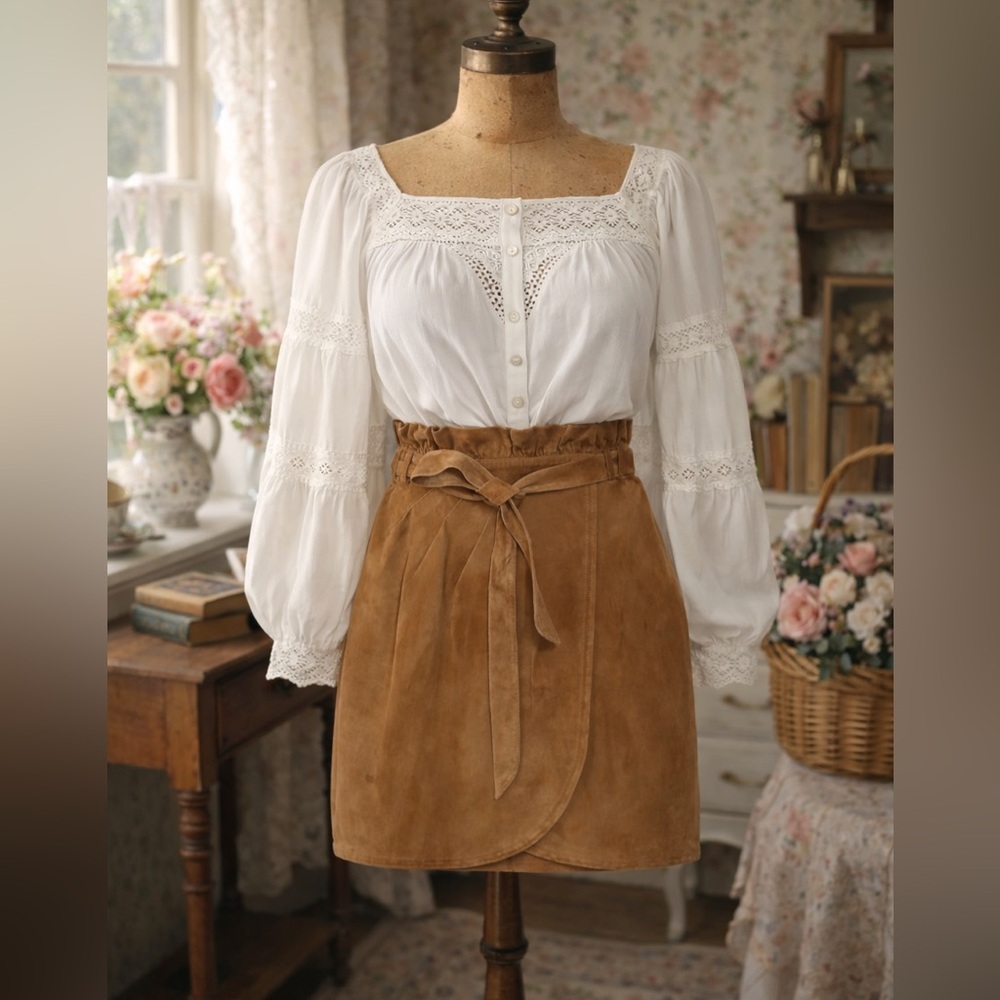 Ba&sh Sun Paper bag Waist Brown Real Leather Suede Wrap, Tie Ruffle Skirt